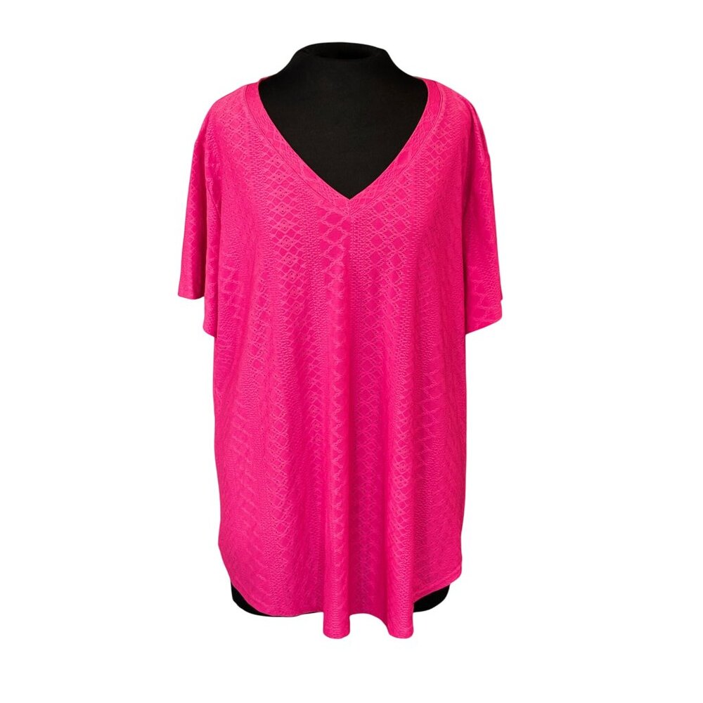 Womens Plus Size Hot Pink Lightweight Textured V-Neck Short Sleeve 3XL By Ofeefa